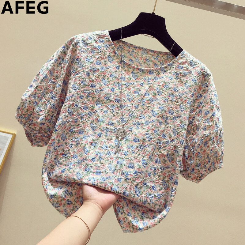 AFEG new Korean style round neck fashion loose and versatile printed short-sleeved blouse for women