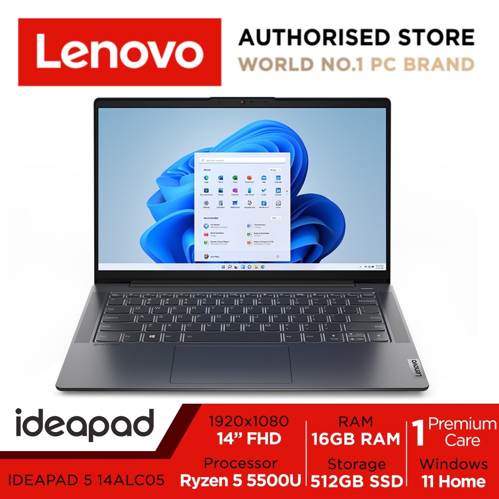 Lenovo IdeaPad 5 14ALC05 | 14inch FHD (1920x1080) 300nits | AMD Ryzen 5 5500U | 16GB RAM | 512GB SSD | 1.39Kg | Graphite Grey Color | Win 11 Home | 1Y Premium Care