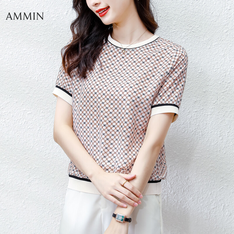 AMMIN Tops 2021 new short-sleeved simple round neck fashion color matching stitching all-match mulberry silk blouse women's summer plaid loose Korean fashion silk T-shirt
