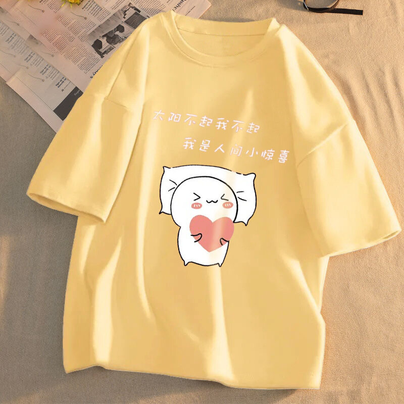 Women Clothes Summer T-Shirt Plus Size Cartoon Print Loose Short Sleeves Round Neck Cute Sweet Korean Style Casual All-match Blouse for Student