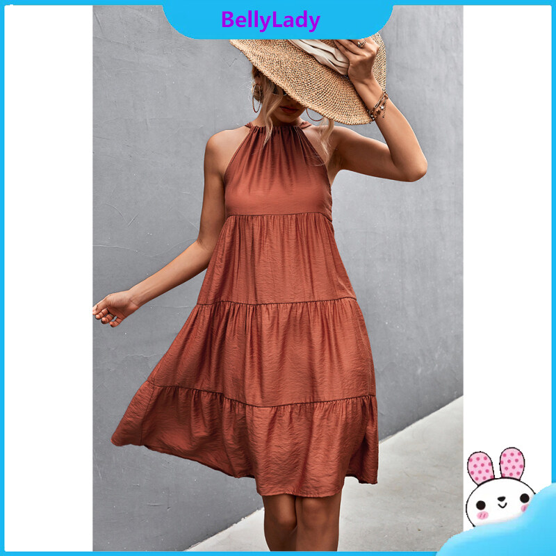 Women Halter Neck Sleeveless Dress Machine Washable Solid Color Comfortable A-line Skirt Clothes