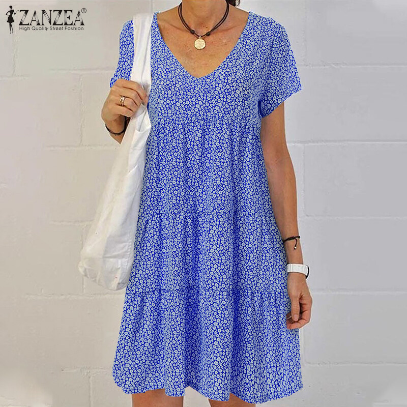 ZANZEA Womens Casual Holiday Mini Shirt Dress Floral Print Tiered Loose Sundress