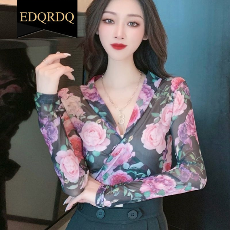 EDQRDQ Women's Floral Print V Neck Self Tie Waist Wrap Crop Top Long Sleeve Mesh Sheer Blouse