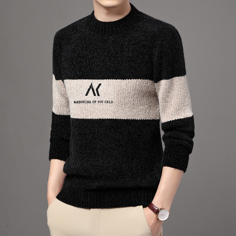 LUX ANGNER Brand Sweater Men Half Neck Casual Autumn Winter Thick Pullover Sweaters For Man Slim Fit Patchwork Knitted Pullovers