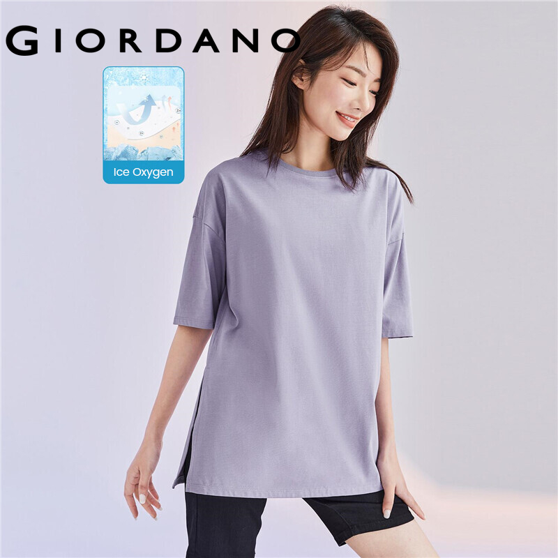 GIORDANO Women T-Shirts High-Tech Ice Oxygen Cooling Effect Summer Tee Double Split Solid Color Casual Simple Basic Tee 05322402