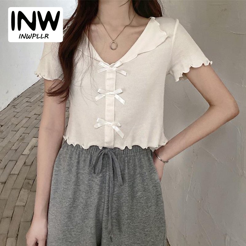 INWPLLR Korean Version Women Tshirts Bow Turn-down Collar Short Sleeve T-shirt Tight Multi Pure Color Knitted Tops Lady