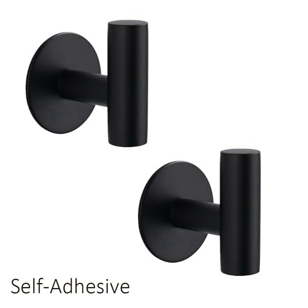 2PCS Wall Hook Stainless Steel Clothes Hanging Hooks Matte Black 3M Adhesive Key Towel Holder for Bathroom Kitchen
