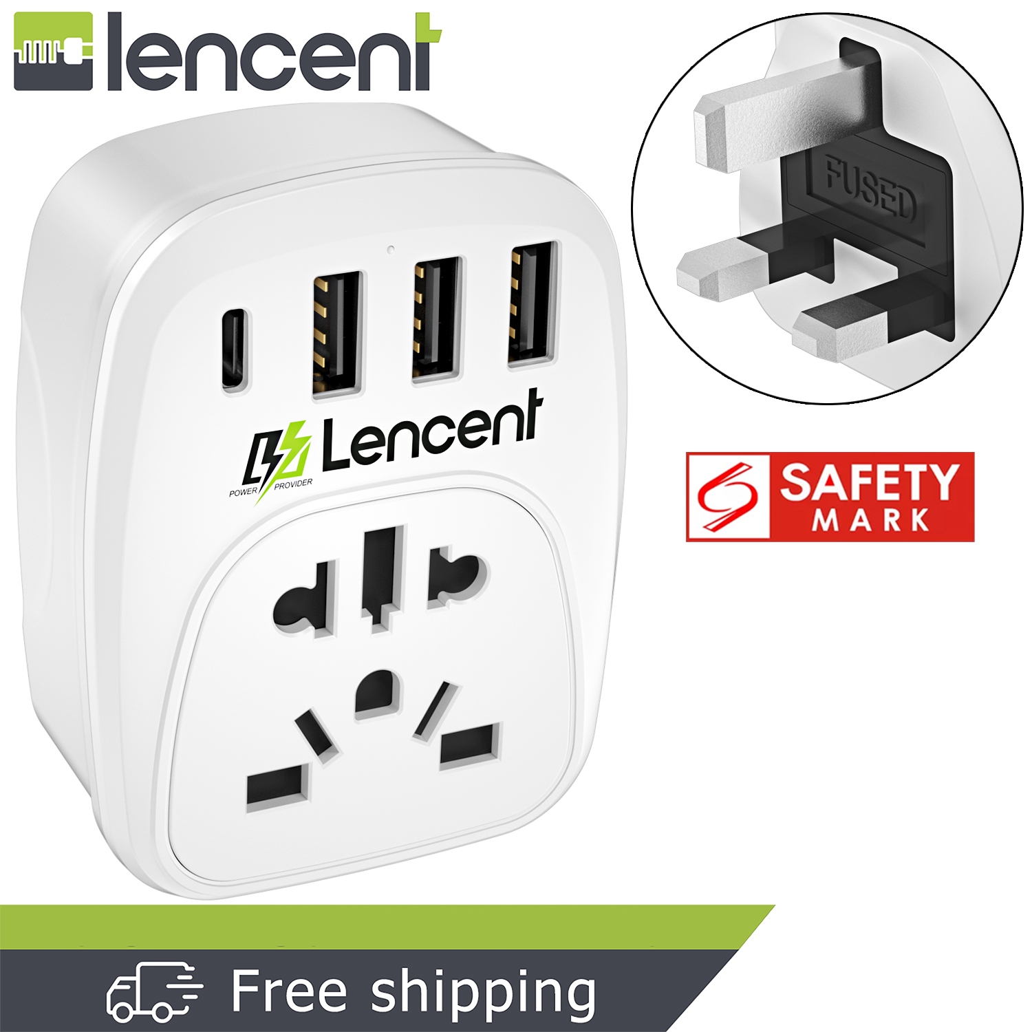 LENCENT World to Singapore Universal Travel Adapter EU/USA to UK Plug Adapter with 3 USB and 1 Type C Port European Euro 2 Pin USA American China Australia 3 Pin to British 3 Pin Socket